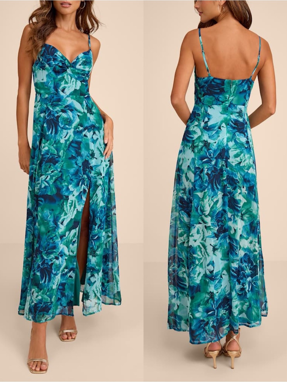 Beautiful Soul Teal Green Floral Print Twist-Front Maxi Dress Sz S